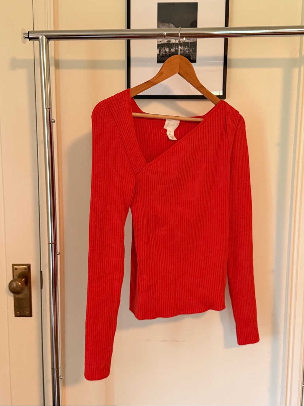 H&M Bright Red Off-Shoulder Ribbed Knit Sweater